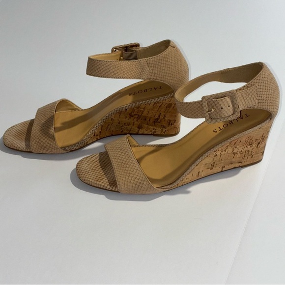 Talbots Shay Tan Taupe Faux Snakeskin Open Toe Wedge Cork Sandal Size 11 M - Picture 1 of 11